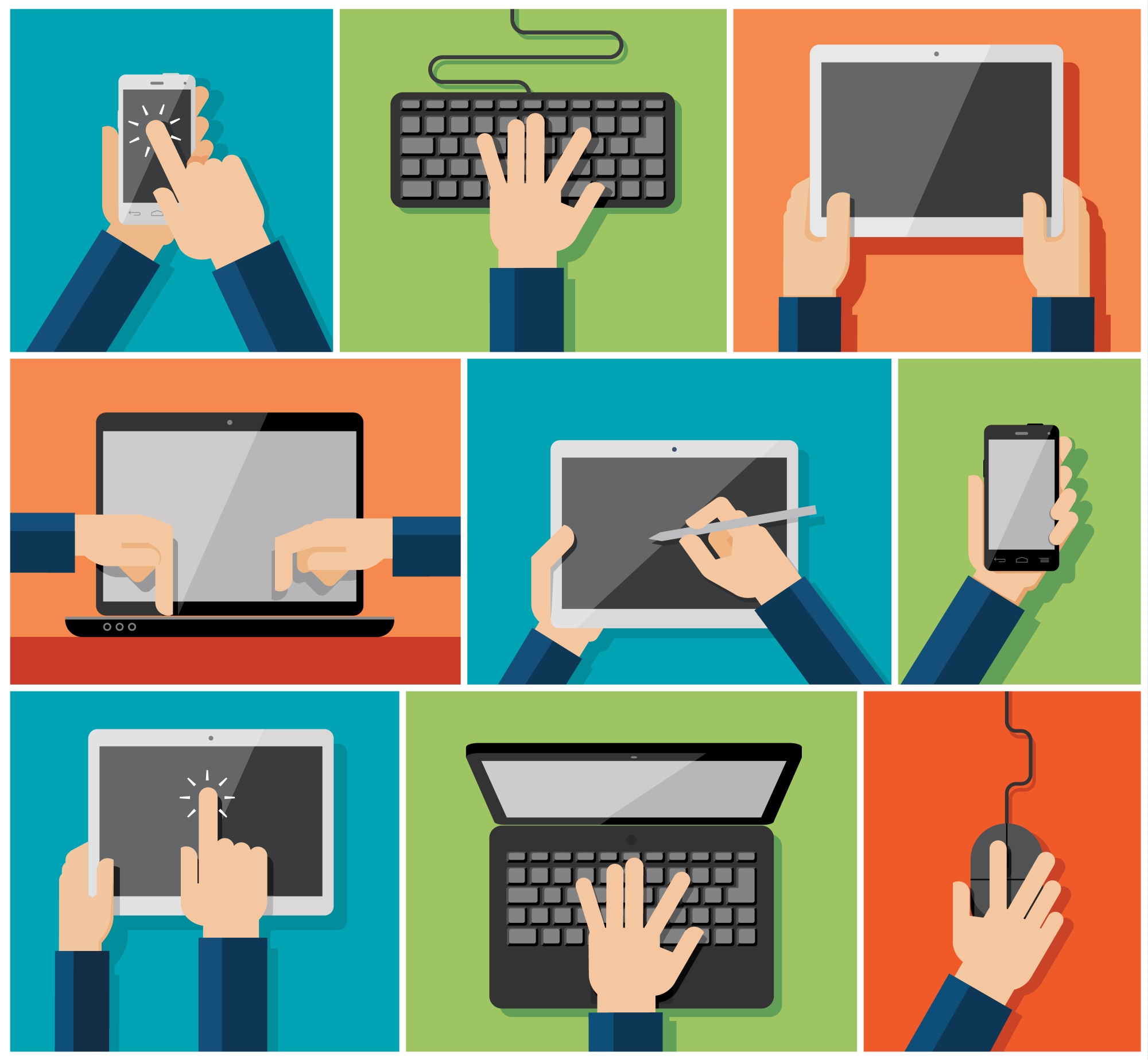 hands clicking on various screens
