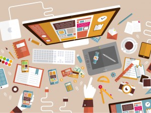 working desk with computer leads coffee