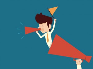 small man with megaphone