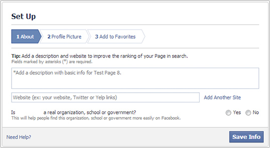 Facebook page set up screenshot