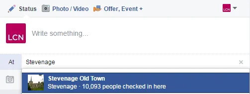Facebook adding location to a post screenshot