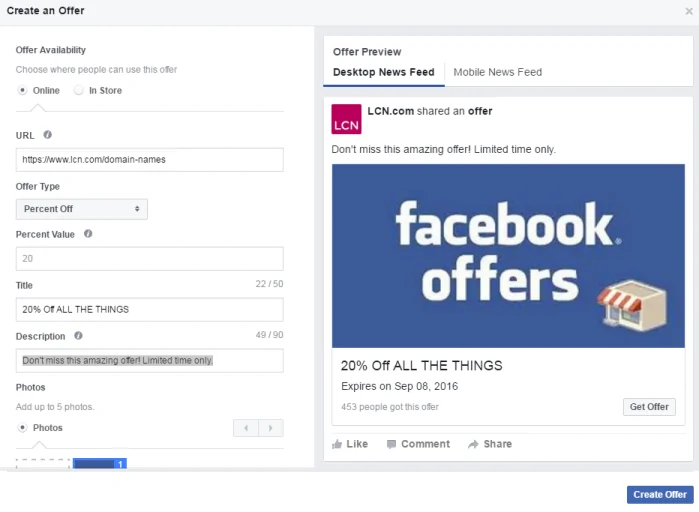 Facebook offer description screenshot